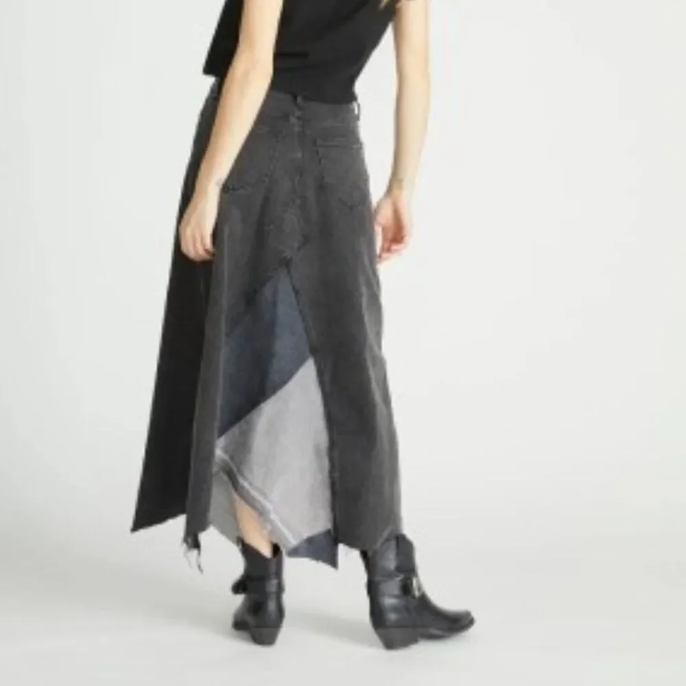 Free People Driftwood Katie Midi Maxi Skirt Denim Black Gray Frayed in Size 28